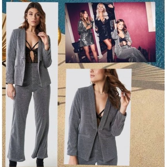 Silver Blazer Sparkle Glitter Suit XS Party Bedazzle LINN AHLBORG NA-KD Size 34 - Picture 1 of 10